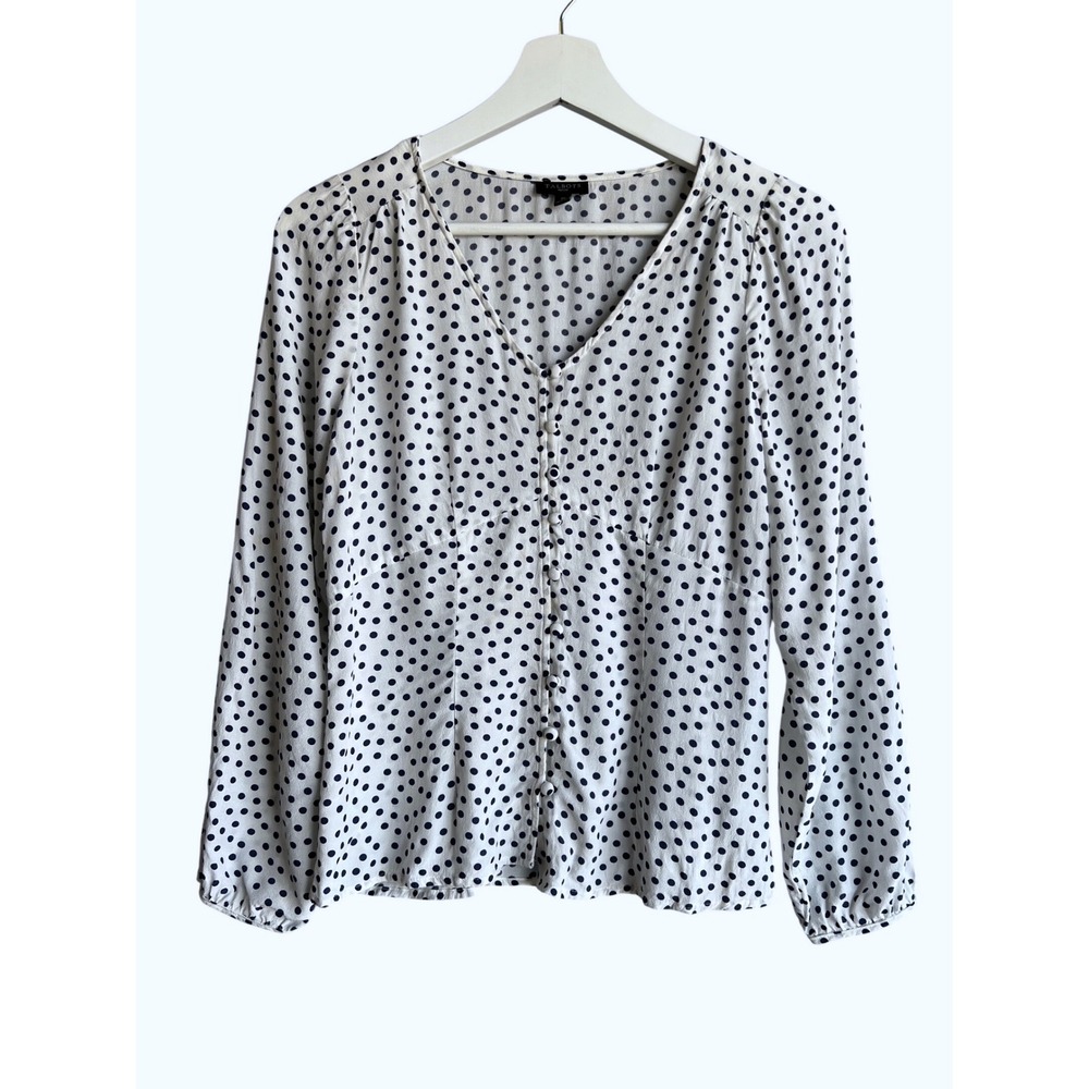 Talbots Petite White Navy Polka Dot Button Front V-Neck Viscose Blouse 2P PH5090